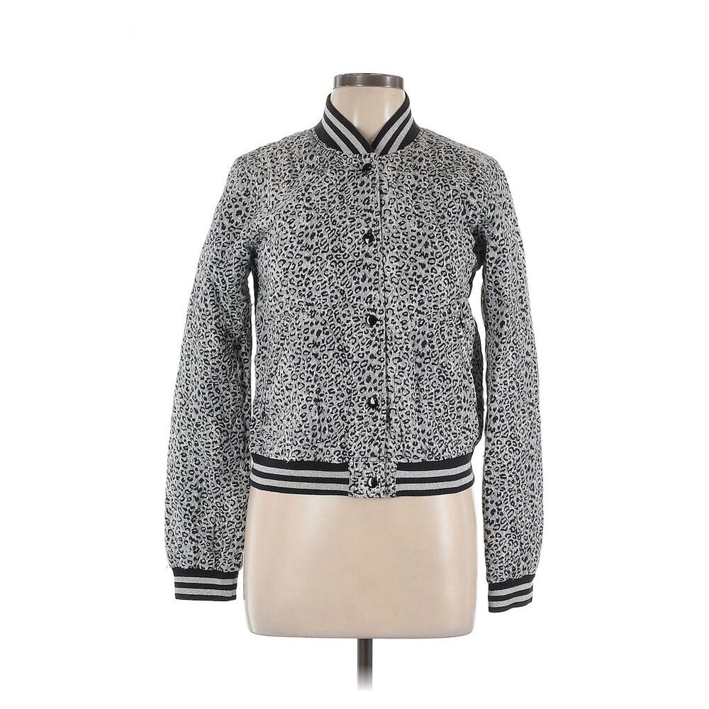 R13 Women's Leopard-Print Bomber Jacket Size L, Gray Black
